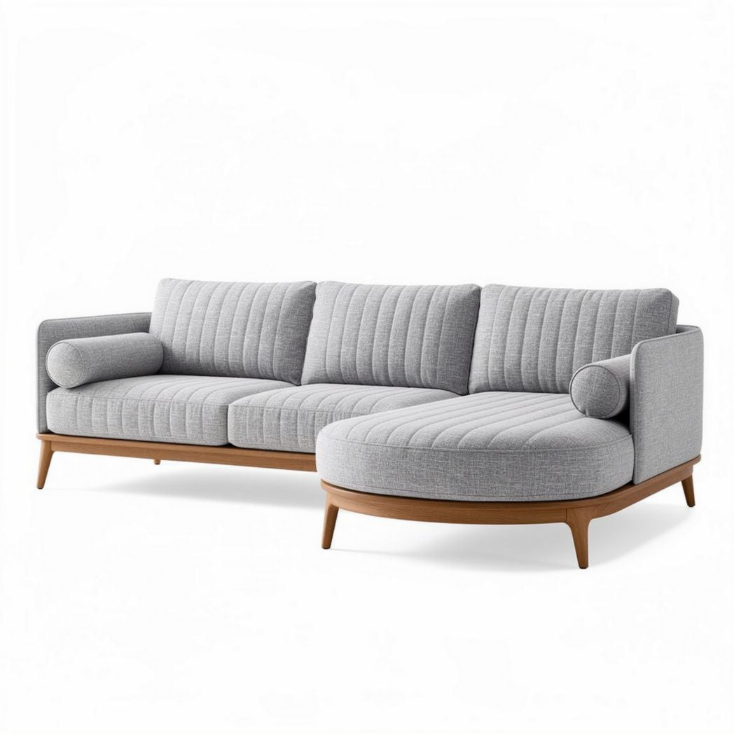 Divano angolare grigio con struttura in legno e dimensioni 250 x 150 x 85 cm