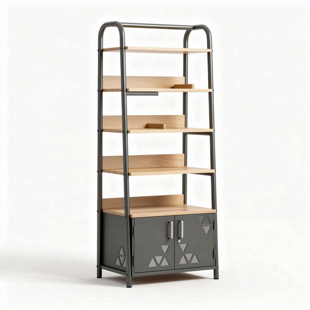 Libreria in metallo e legno con 5 ripiani e armadietto grigio 180 x 80 x 40cm