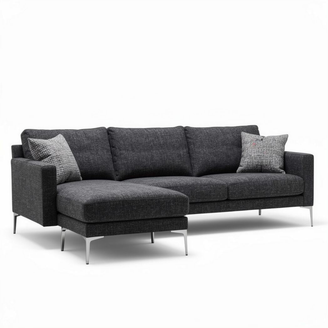 Divano modulare angolare in tessuto grigio scuro con pouf 220 x 90 x 85cm